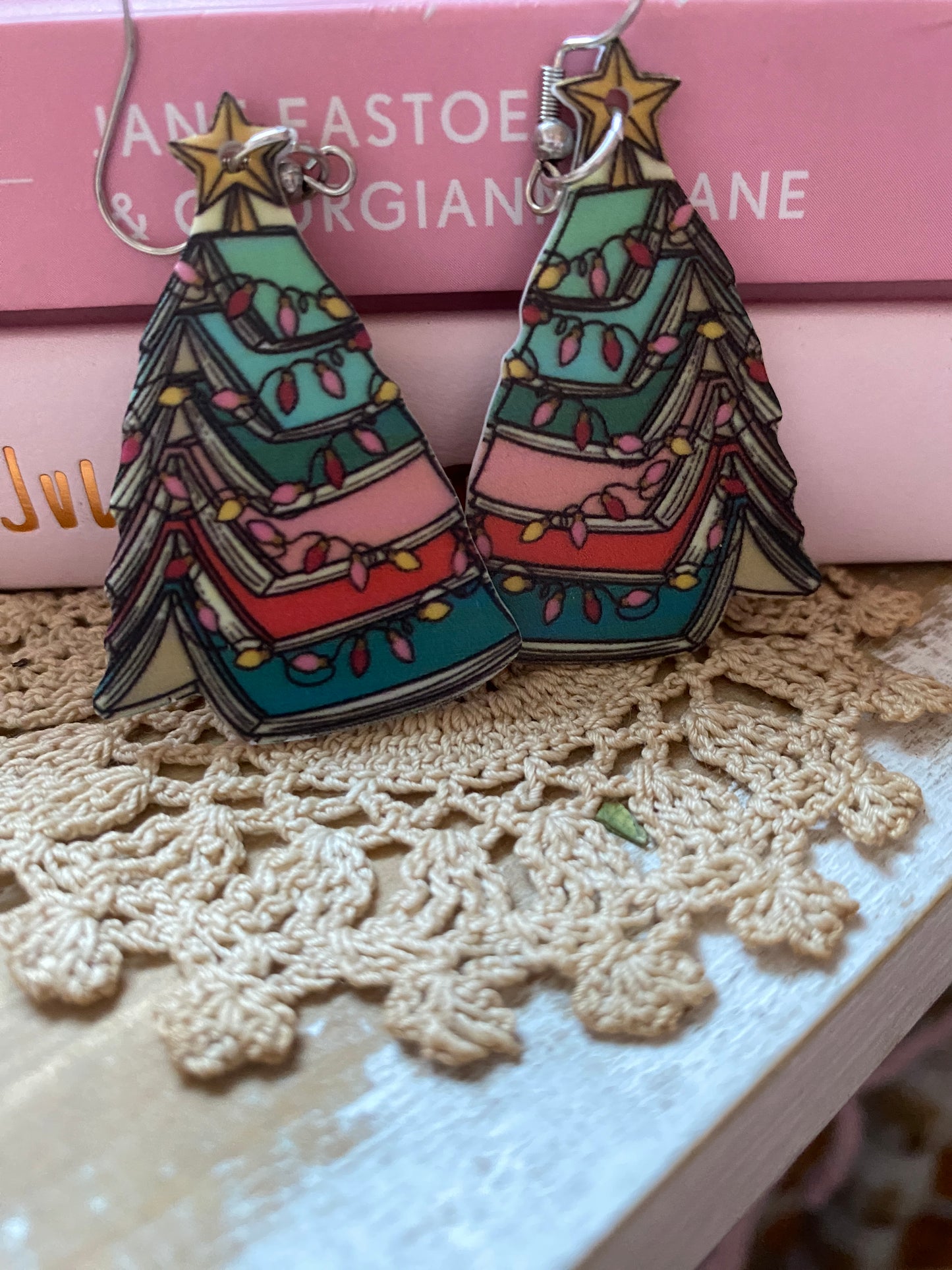 Book Lover earrings book stack in the shape of a Christmas tree
