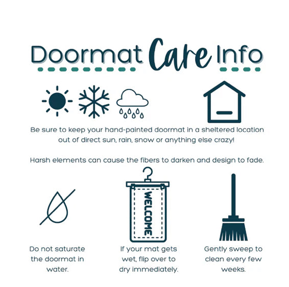 Doormat care instructions with icons and text on a white background