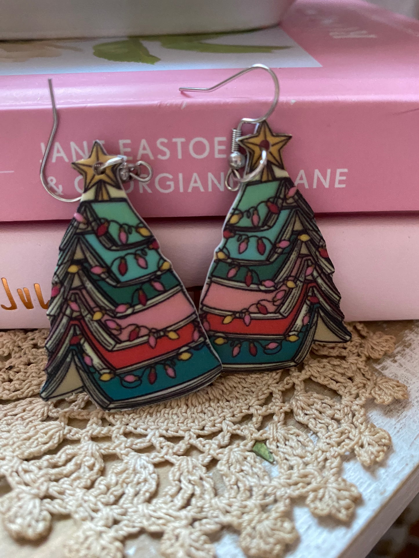Book Lover earrings book stack in the shape of a Christmas tree