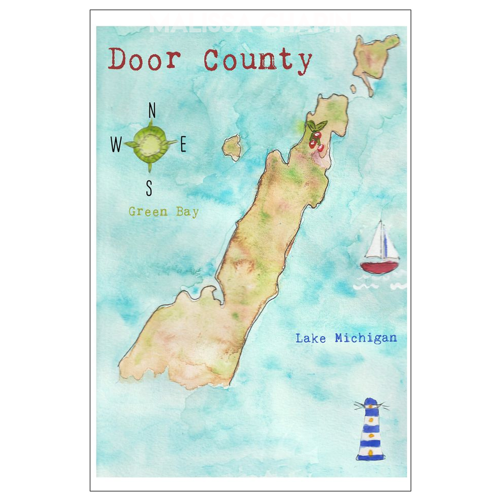 Door County Wisconsin Map Cherries Sailboat Lighthouse Hand Painted Watercolor 4' x 6" Flat Post Cards Pack of 10 Cards