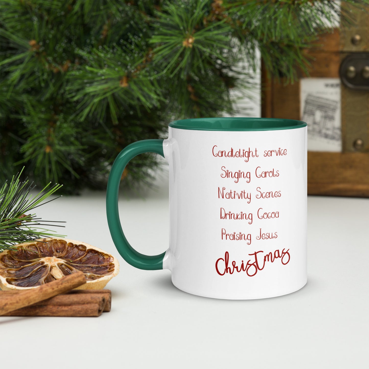Candlight service Nativity Scene Christmas Favorites List Ceramic Mug Green Inside