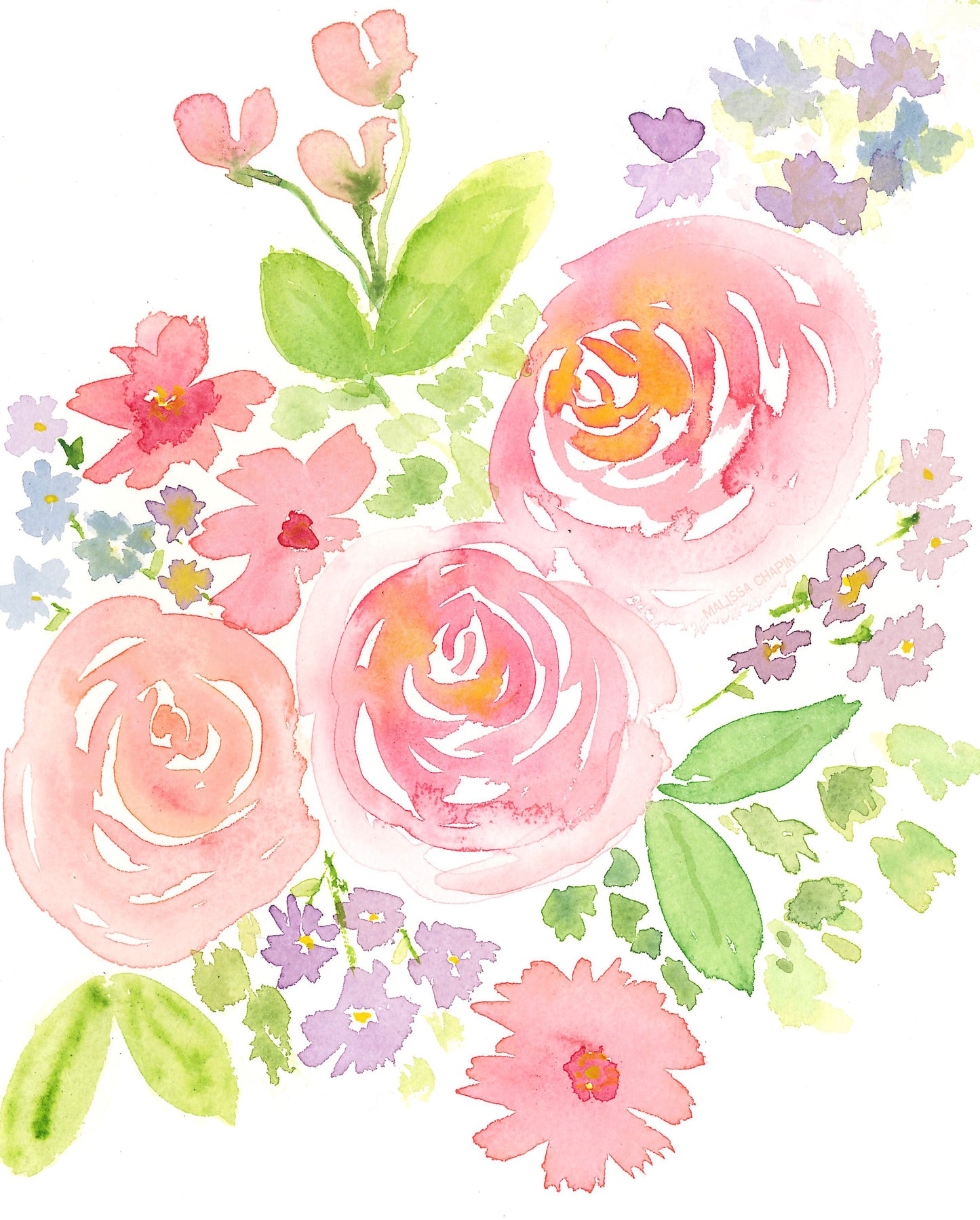 Watercolor Floral Bouquet Roses Print Instant Digital Download
