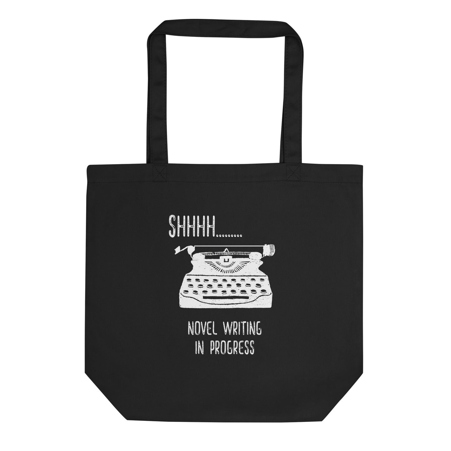 Black Cloth tote vintage typewriter graphic shhh novel writing in progress.