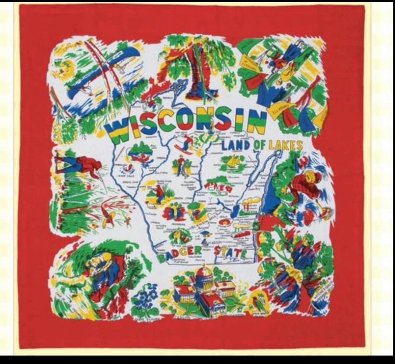 22” square floursack towel Vintage Wisconsin Map