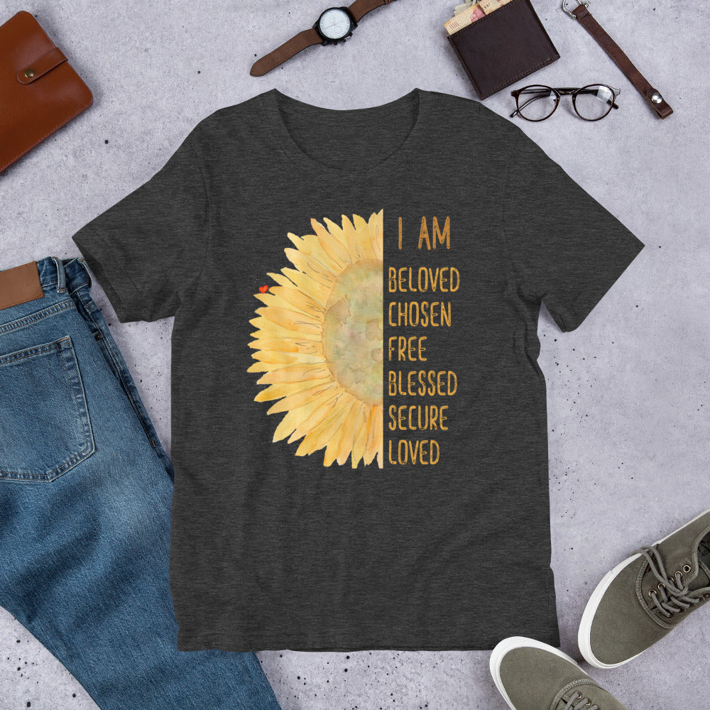 I Am Loved Blessed Secure Free Inspirational Watercolor Sunflower Faith T-Shirt Short-Sleeve Unisex Tee