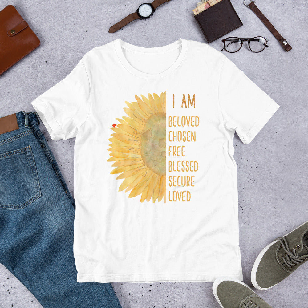 I Am Loved Blessed Secure Free Inspirational Watercolor Sunflower Faith T-Shirt Short-Sleeve Unisex Tee