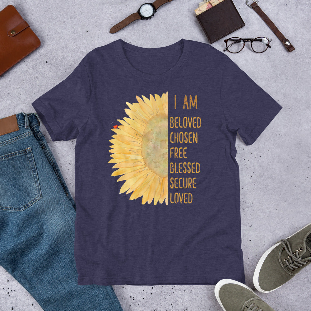 I Am Loved Blessed Secure Free Inspirational Watercolor Sunflower Faith T-Shirt Short-Sleeve Unisex Tee