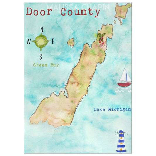 Door County Wisconsin Map Cherries Sailboat Lighthouse Hand Painted Watercolor 5" x 7" Flat Cards Pack of 10