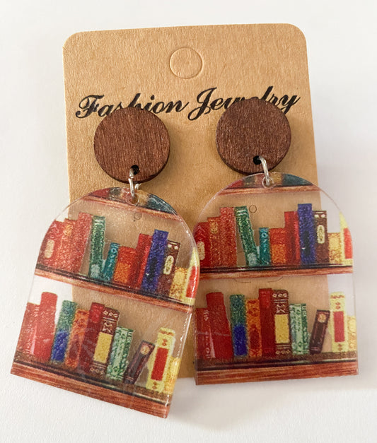 Book Shelf Book Lover Drop Earrings Wood Accent