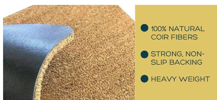 Coir mat with natural coir fibers, strong non-slip backing, and heavy weight features.