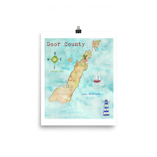 Door County Wisconsin Map Cherries Sailboat Lighthouse Hand Painted Watercolor 8" x 10" 
