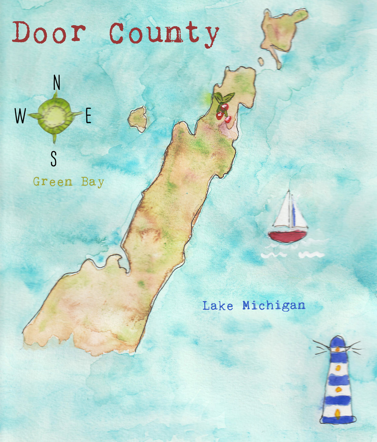 Door County Inmate Roster Door County Wisconsin Map Cherries Sailboat Lighthouse Hand Painted Wa ...
