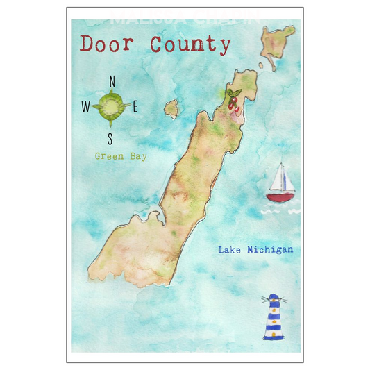 Door County Wisconsin Map Cherries Sailboat Lighthouse Hand Painted Watercolor 4' x 6" Flat Post Cards Pack of 10 Cards