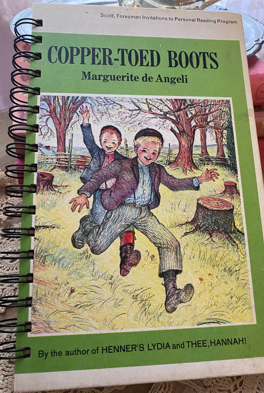 Recycled vintage book blank journal notebook sketchbook Marguerite De Angeli copper toed boots