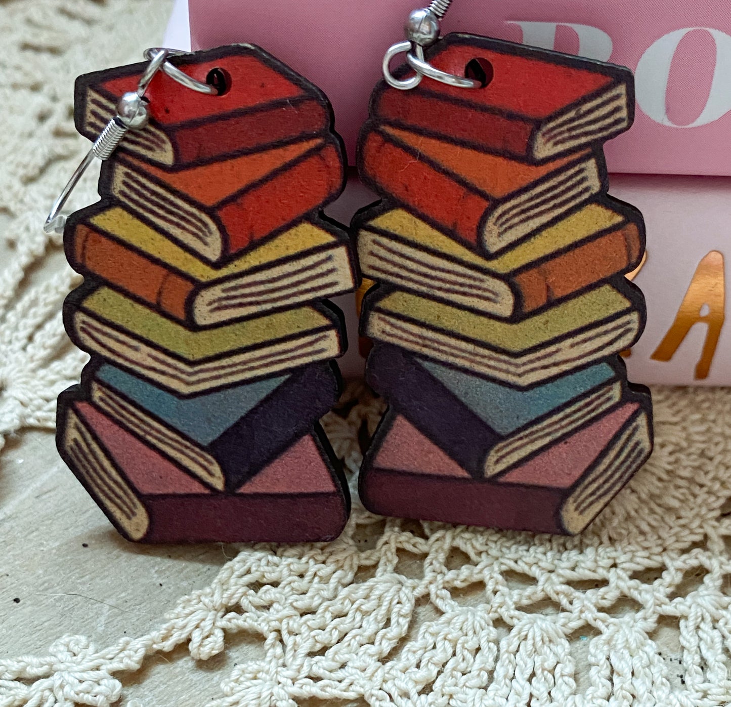 Book Stack Book Lover Wood Earrings