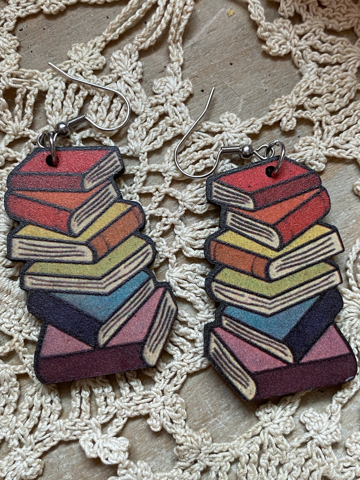 Book Stack Book Lover Wood Earrings