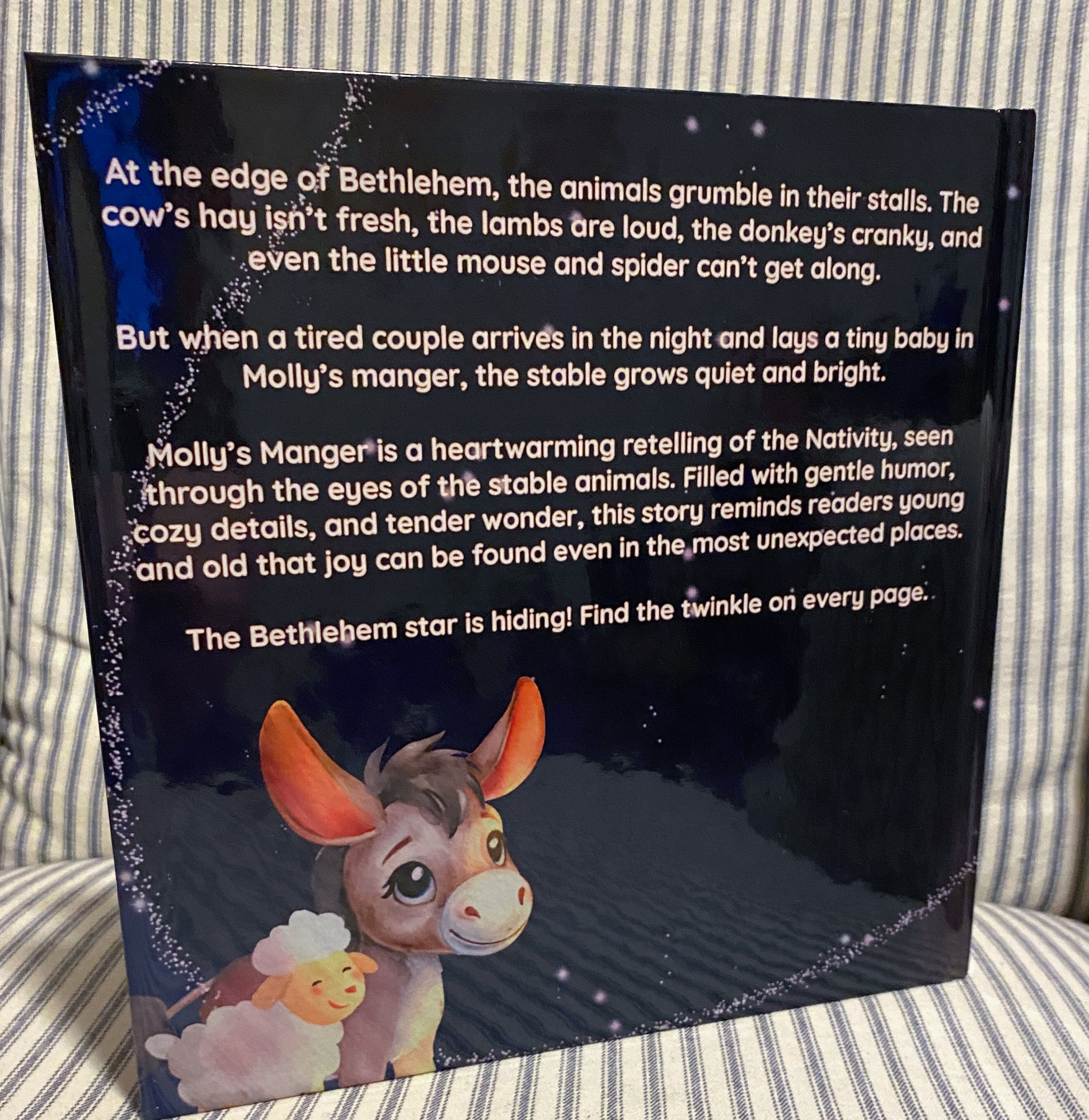 Molly’s Manger Christian Christmas book back cover with story summary and faith-based theme
