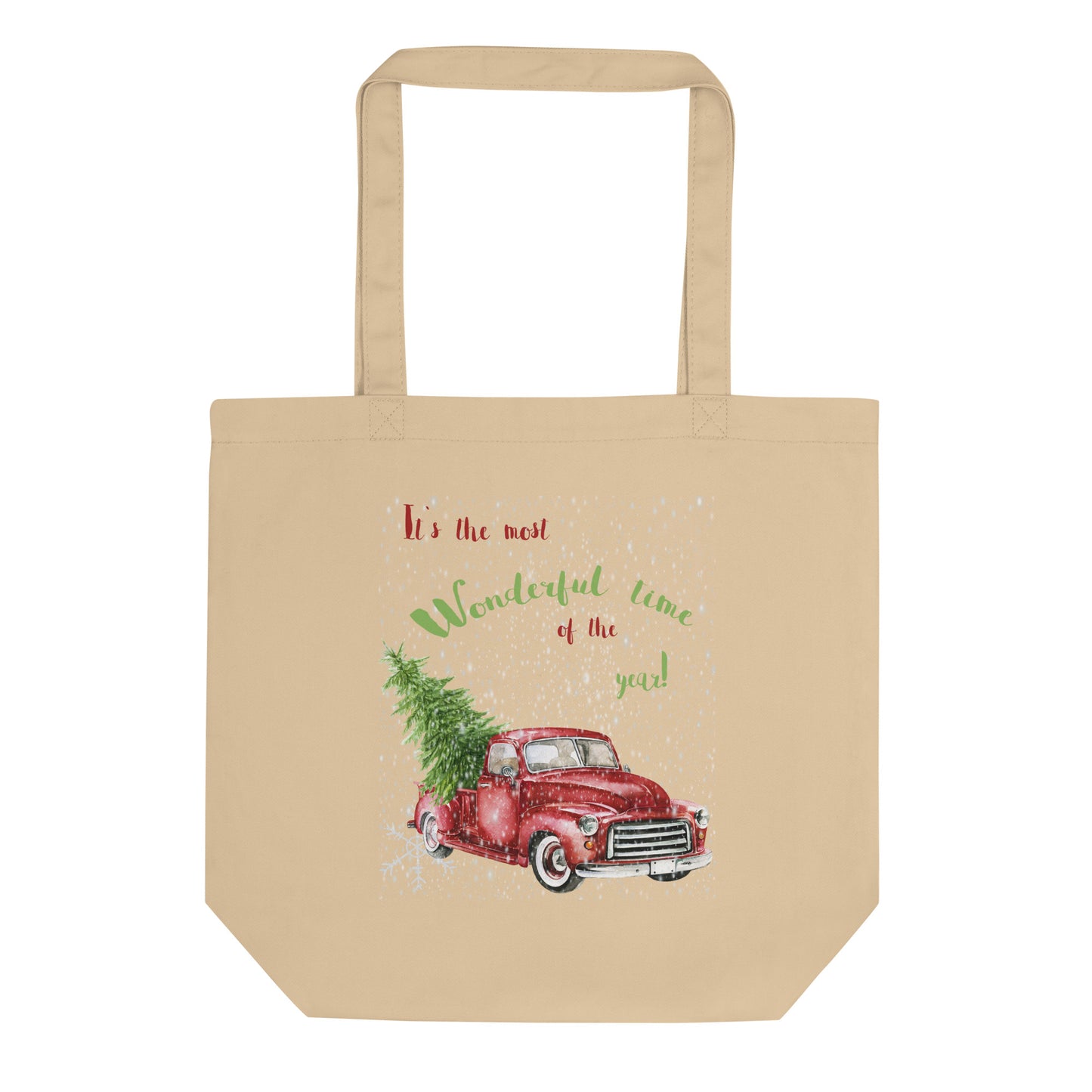 Cloth tote bag with a vintage red pick up truck It’s the most wonderful time of the year 