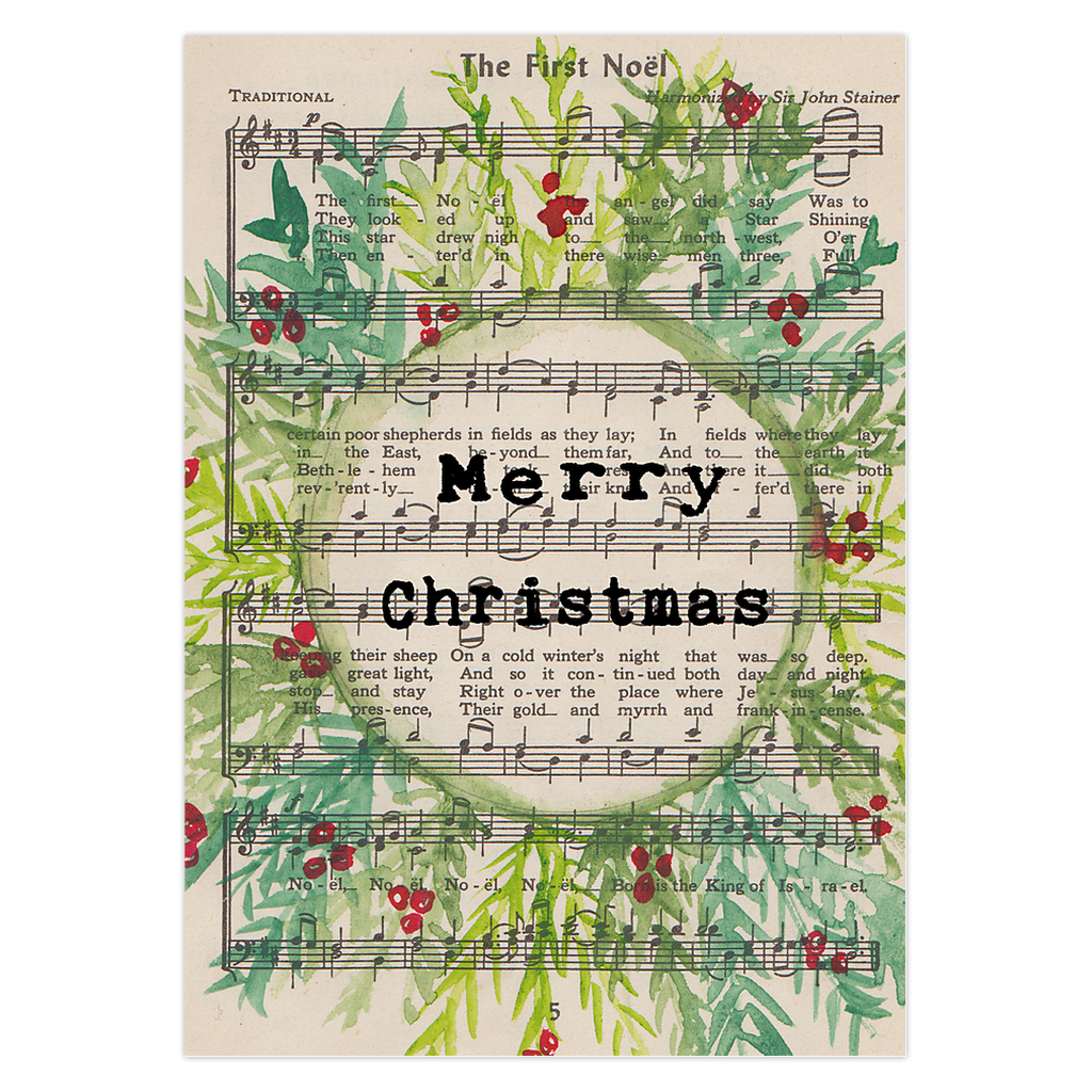 Watercolor wreath painted on vintage music The First Noel States Merry Christmas