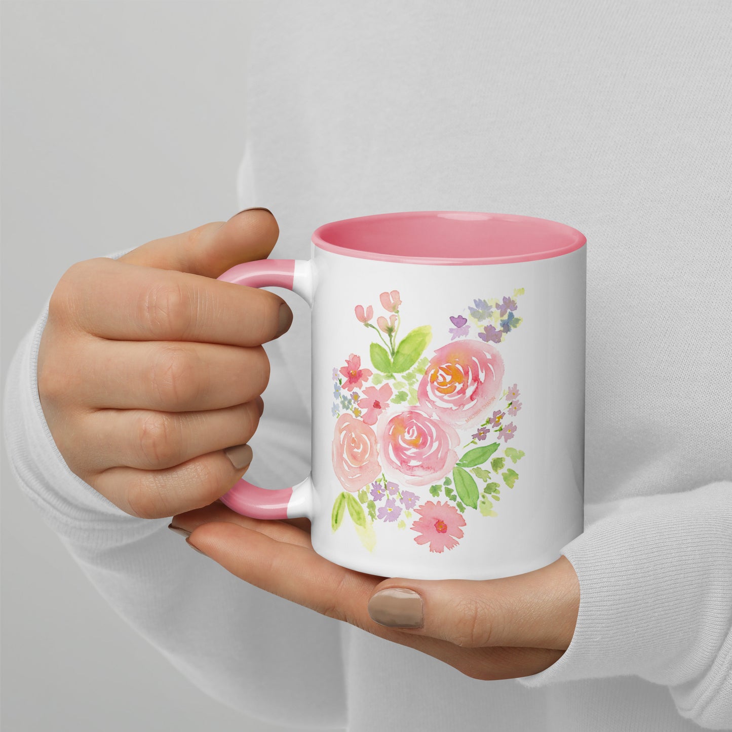 Floral Rose Bouquet Watercolor Ceramic Mug with Pink Interior 11 Oz.