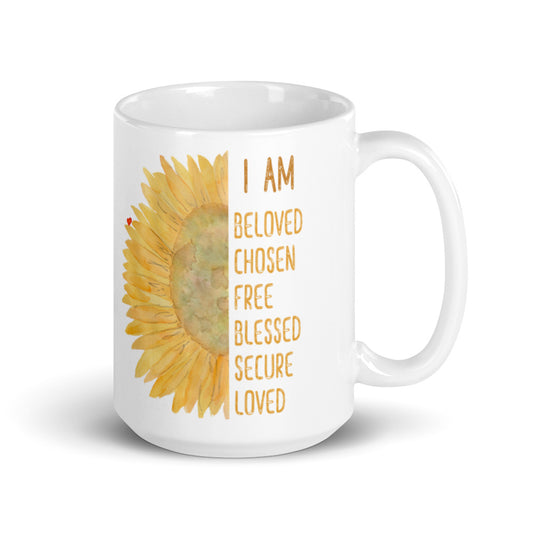 I Am Beloved Chosen Free Blessed Secure Loved Inspirational Watercolor Sunflower Faith Ceramic Mug