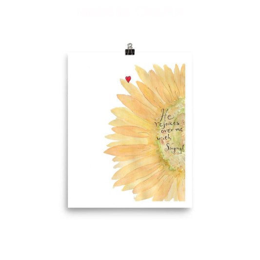 Zephaniah 3:17 He Rejoices Over Me With Singing Watercolor Sunflower Print Poster 8" x 10"