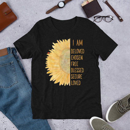 I Am Loved Blessed Secure Free Inspirational Watercolor Sunflower Faith T-Shirt Short-Sleeve Unisex Tee