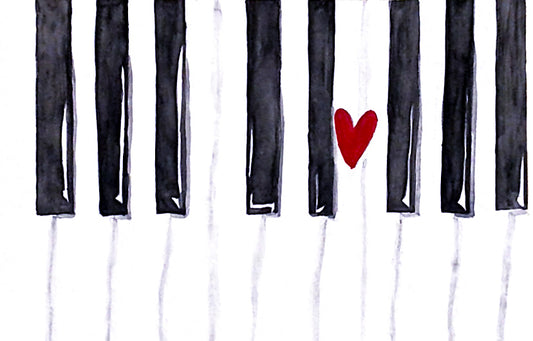 black and white watercolor piano keys with a red hear on the keys