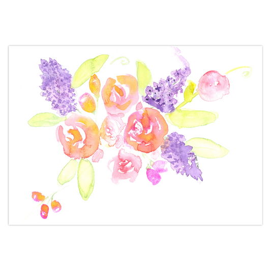 a watercolor floral boquet featuring roses and lilacs