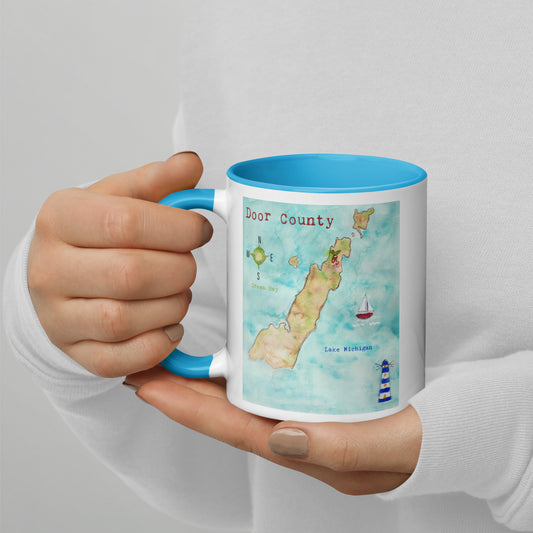 Door County, Wisconsin Watercolor Map Summer Cherries Sailboat Lighthouse Mug with Blue Interior